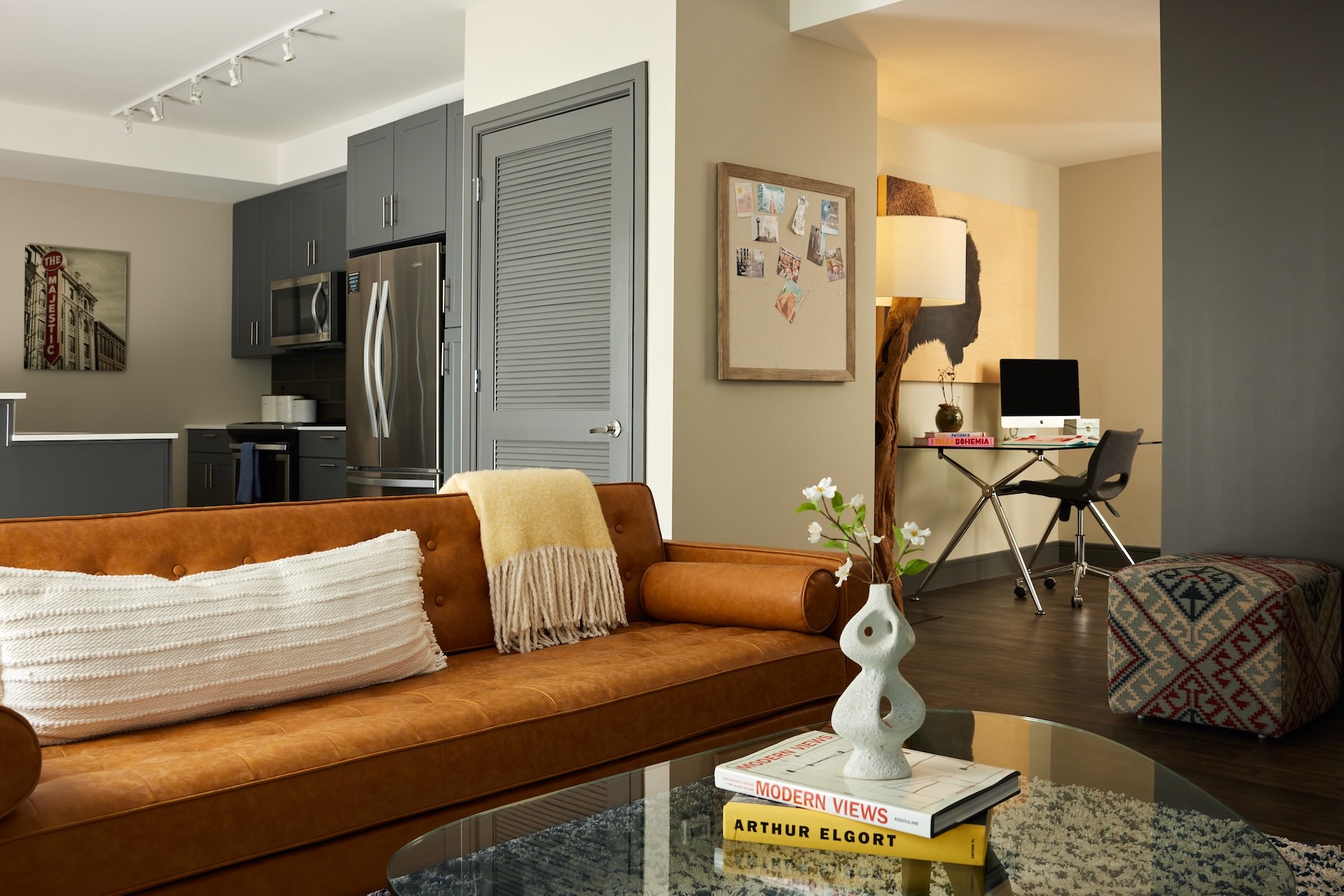 a living room with a couch and a table